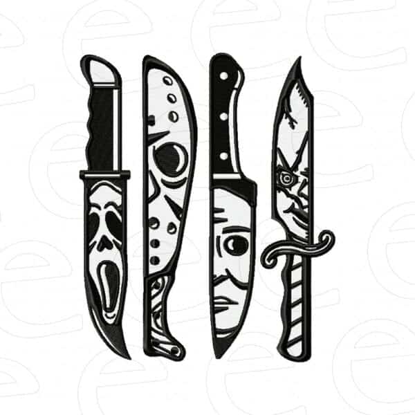 Ghostface in hunting knife, Jason Voorhees in machete, Michael Myers in kitchen knife and Chucky in serrated knife