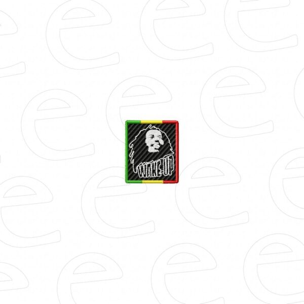 Bob Marley in Rasta color rectangle with Wake Up text