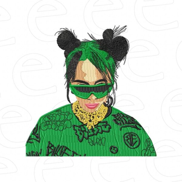 Billie Eilish in green sunglasses and graffiti shirt