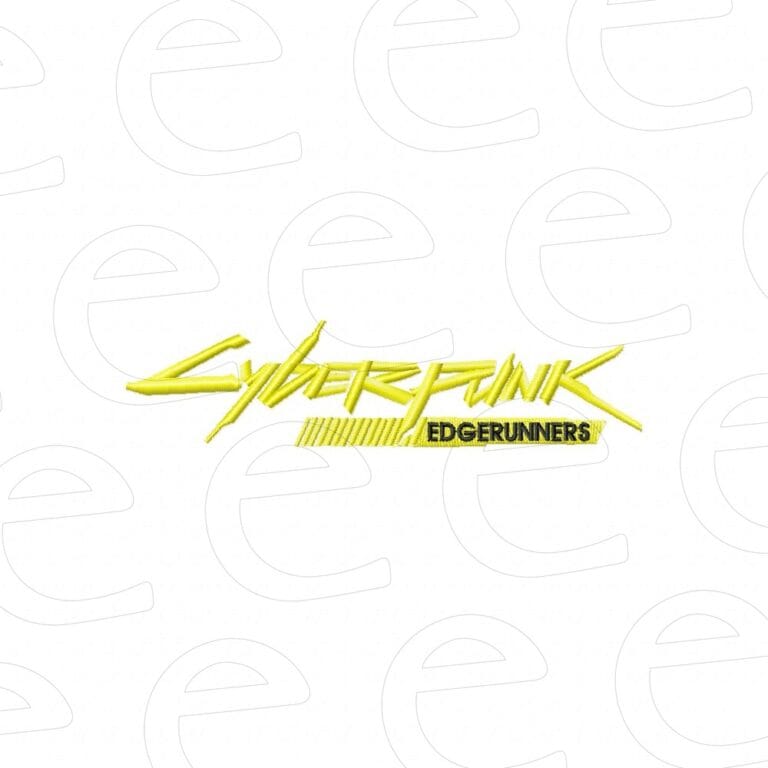 Cyberpunk Edgerunners logo in yellow jagged font with a striped bar