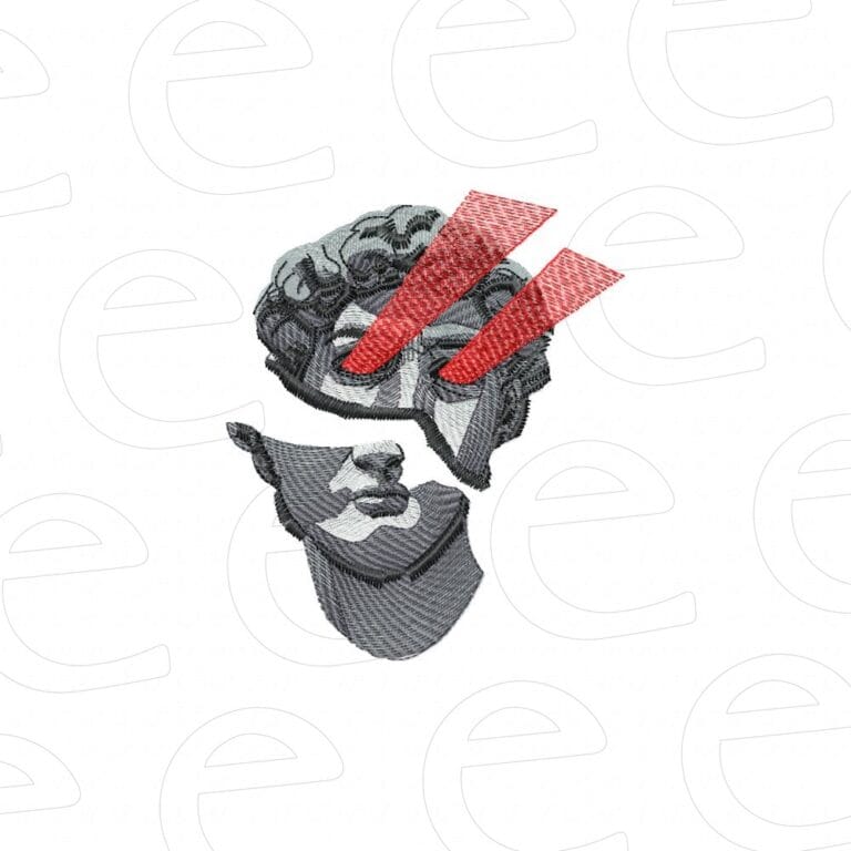 broken David with red laser eyes