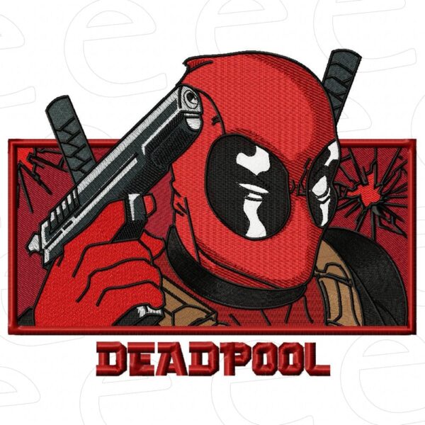 Deadpool pointing gun to head in broken glass rectangle
