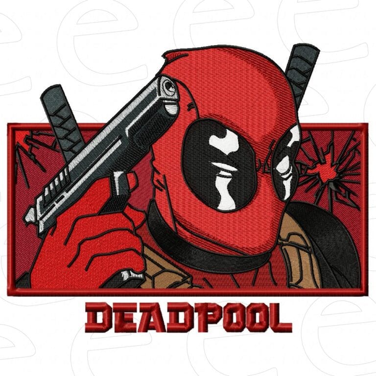 Deadpool pointing gun to head in broken glass rectangle