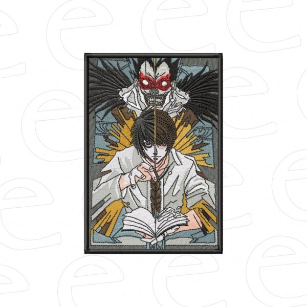 Light and L split holding Death Note with Ryuk in gold spikes