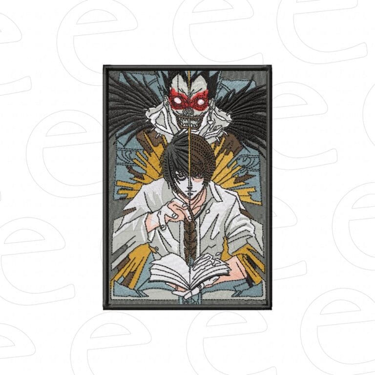 Light and L split holding Death Note with Ryuk in gold spikes