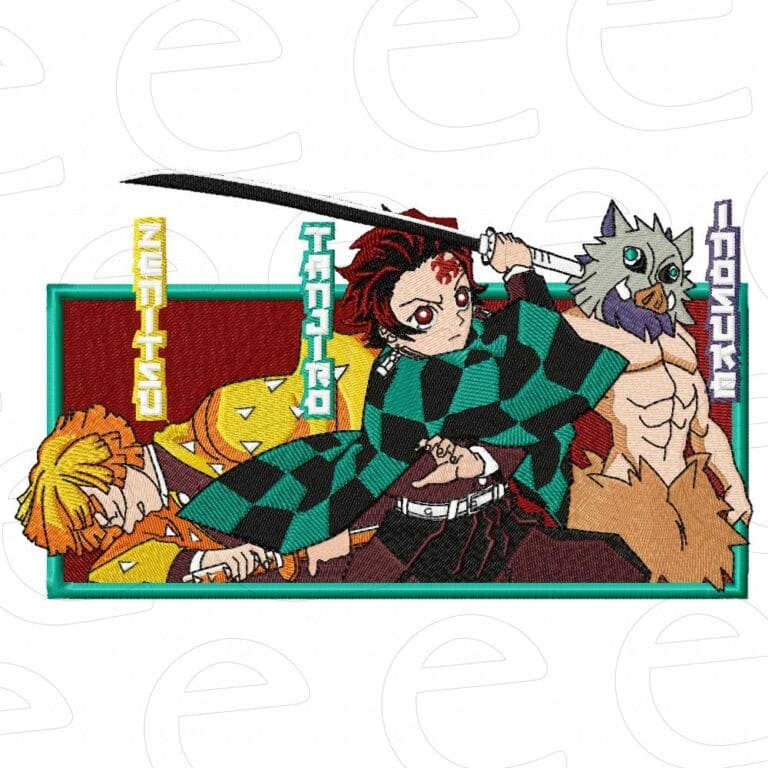 Zenitsu in triangles, Tanjiro in checkered haori and Inosuke in boar mask in rectangle frame