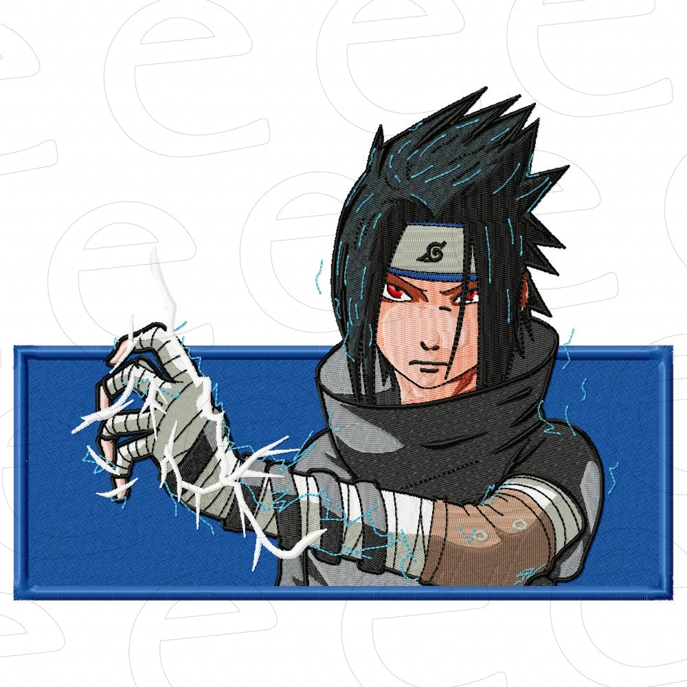Sasuke Uchiha with Chidori lightning in a blue rectangle