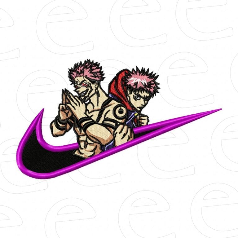 Sukuna and Yuji Itadori in a purple and black swoosh