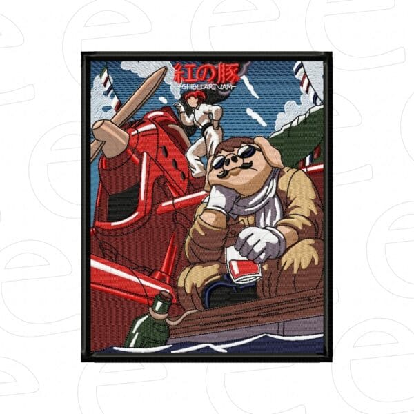 Porco Rosso and Fio Piccolo on red plane in a frame