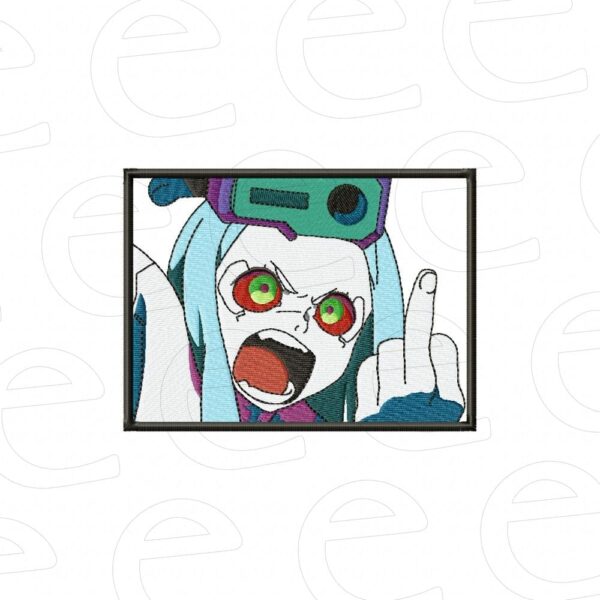 Rebecca giving the middle finger in a rectangular frame