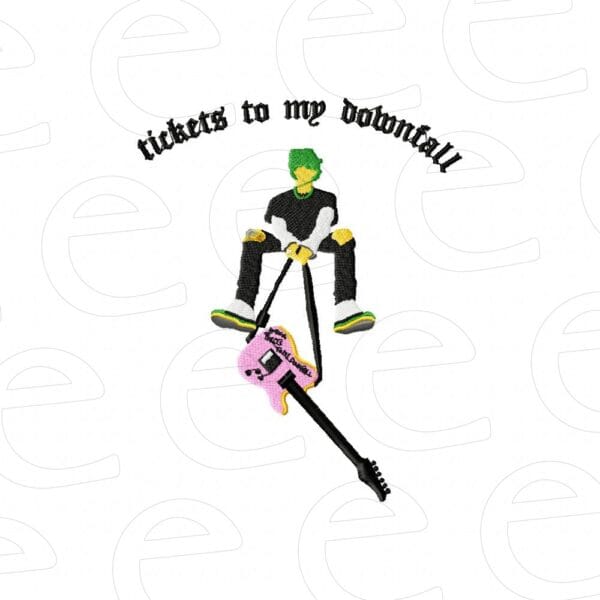 Machine Gun Kelly with pink guitar under tickets to my downfall text