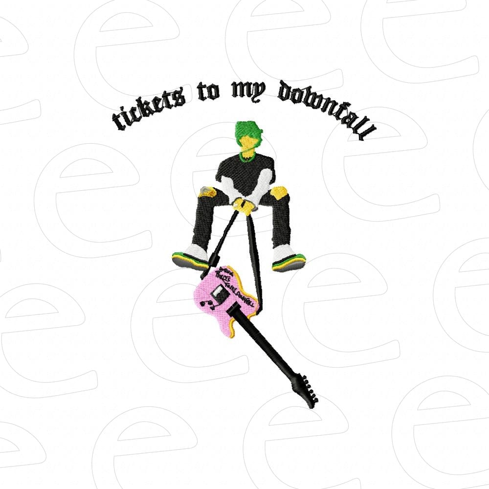 Machine Gun Kelly with pink guitar under tickets to my downfall text