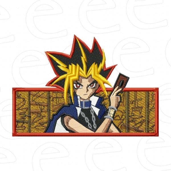 Yami Yugi holding a card in a hieroglyphic rectangle