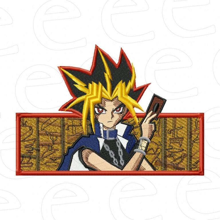 Yami Yugi holding a card in a hieroglyphic rectangle