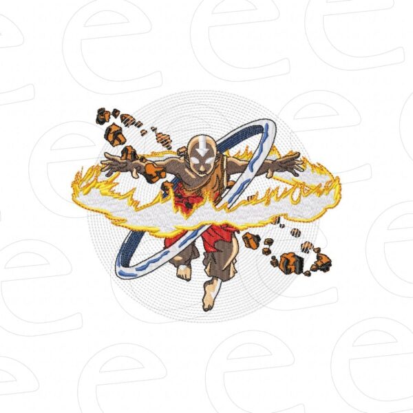 Aang in avatar state with elements loop and floating rocks