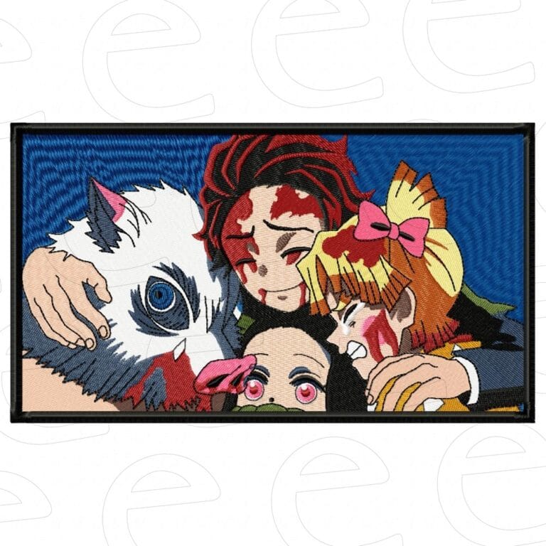 Tanjiro, Nezuko, Inosuke and Zenitsu in a bloody hug