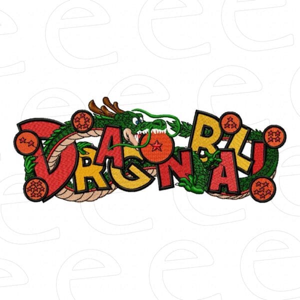 Shenron in Dragon Ball lettering with seven dragon balls