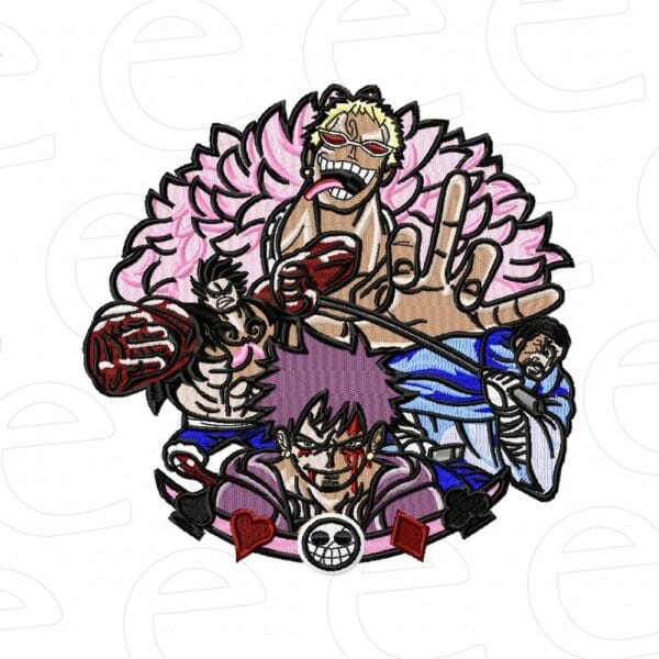 Luffy, Law, Fujitora and Doflamingo in Dressrosa crest with card suits and pink feathers