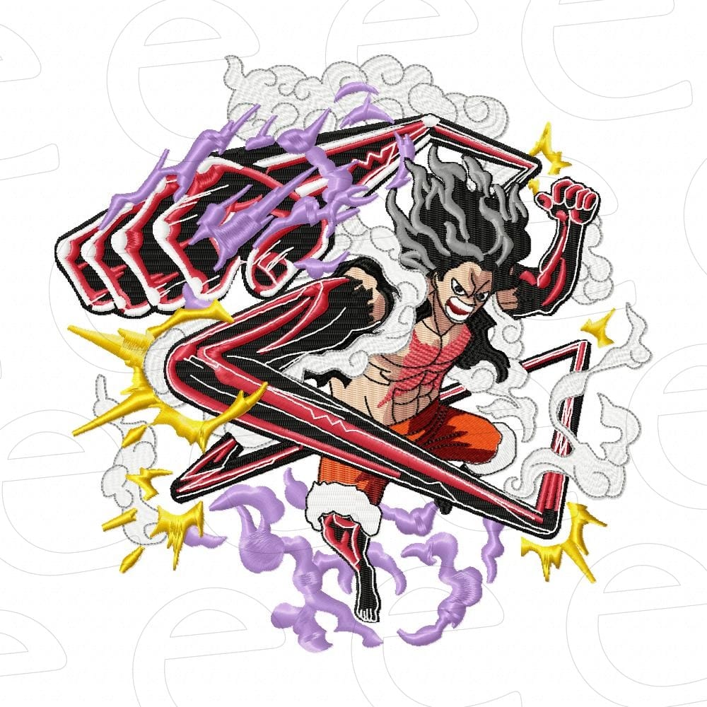 Luffy Snakeman in geometric frames with purple energy and smoke
