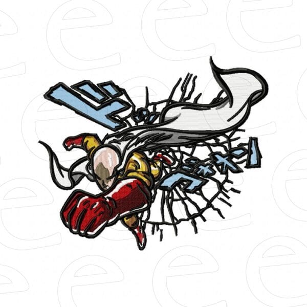 saitama in punch with cracks and japanese text